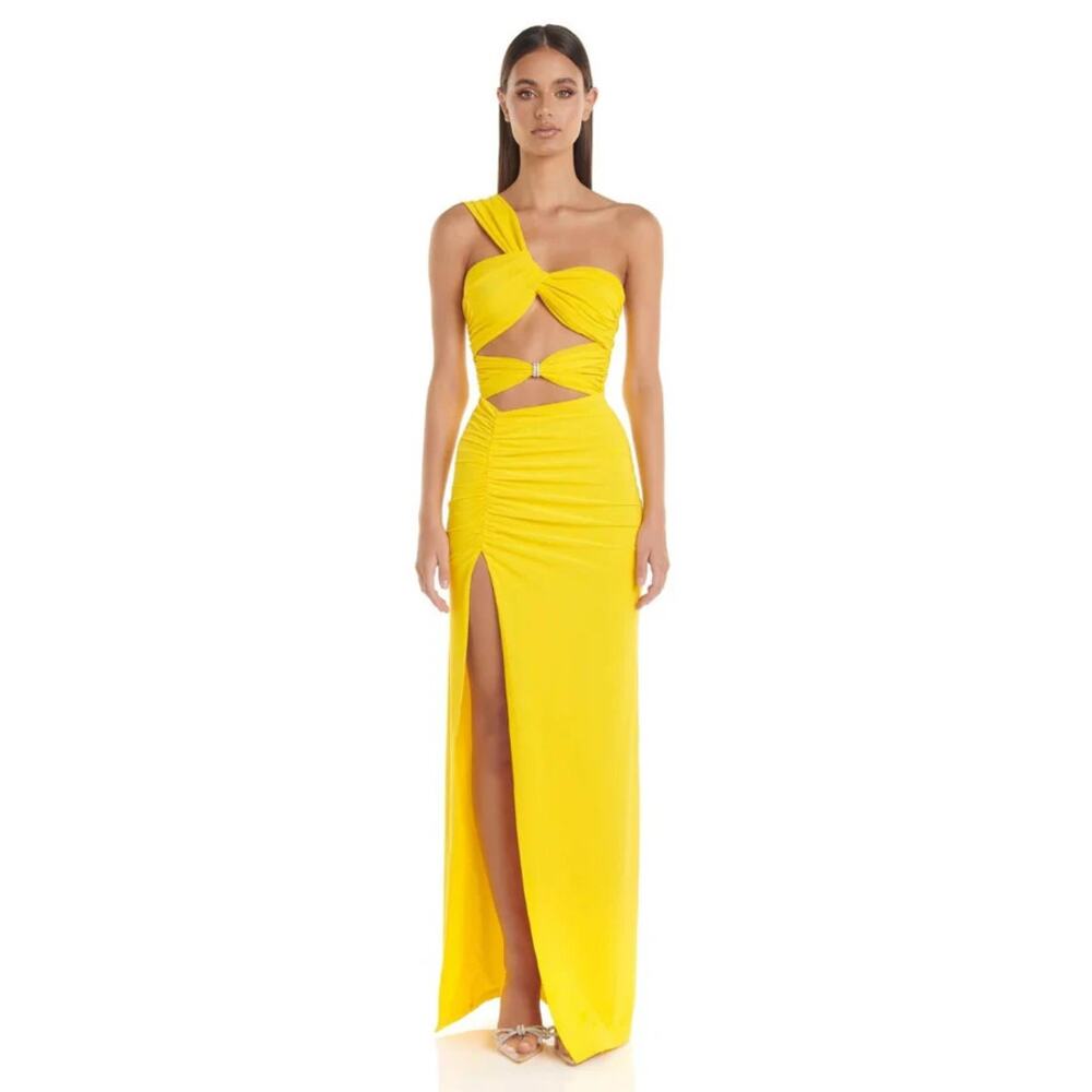Angel Lane Women's Yellow Bold Thigh-High Split Marigold Maxi Dress Size‎ Small